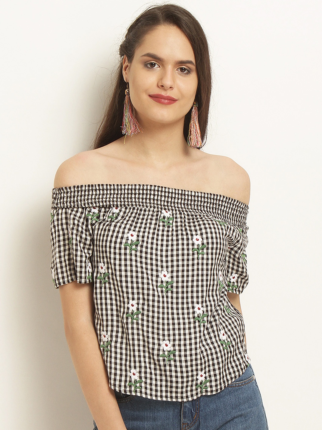 

Marie Claire Women Black Checked Bardot Top
