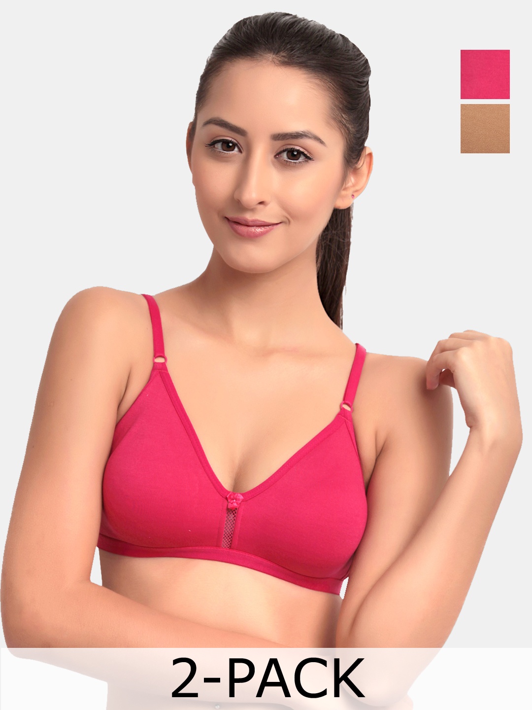 

Floret Pack of 2 Magenta & Nude-Coloured Solid Non-Wired Non Padded T-shirt Bras