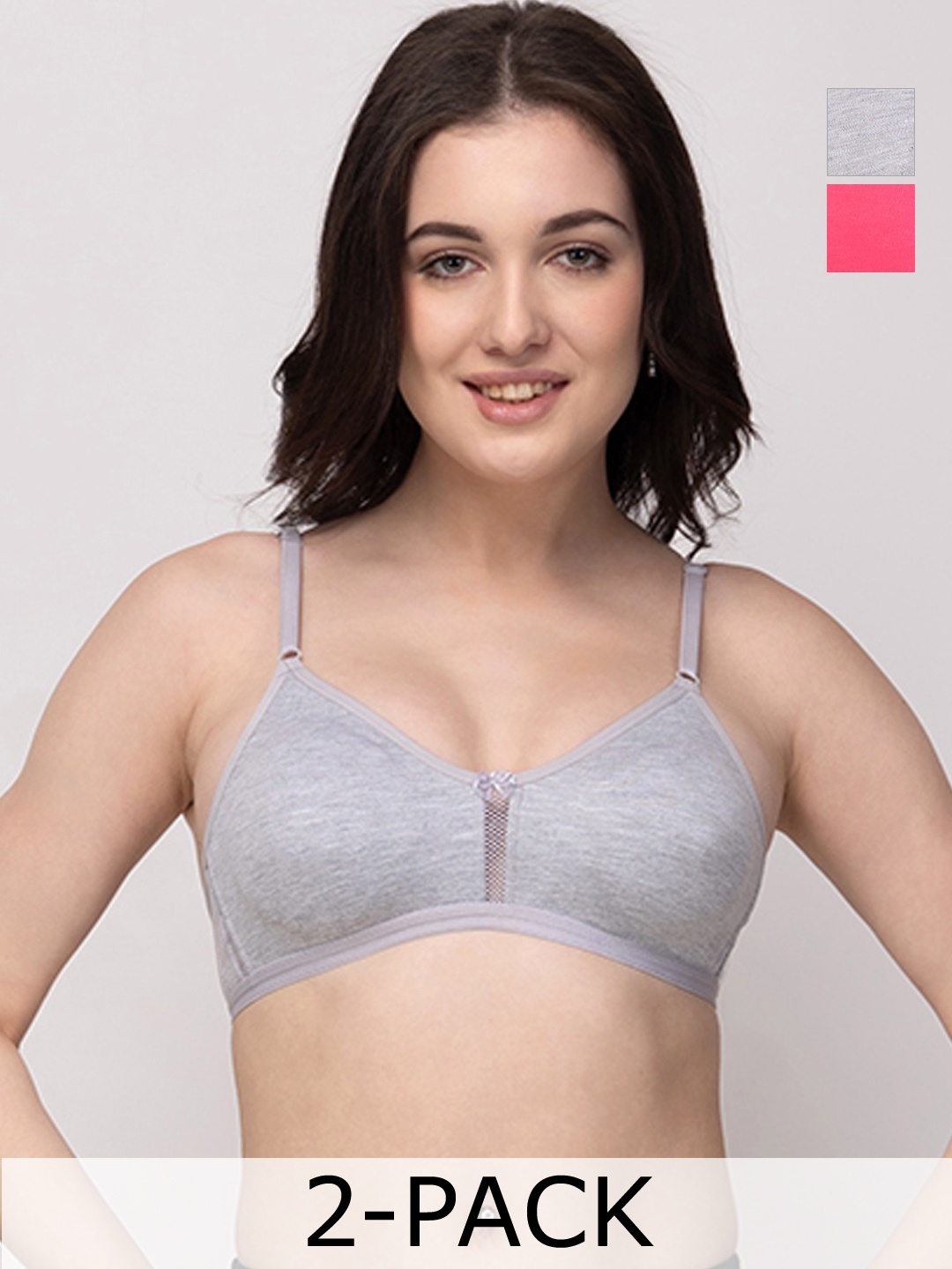

Floret Pack of 2 Grey Melange & Pink Solid Non-Wired Non Padded T-shirt Bra