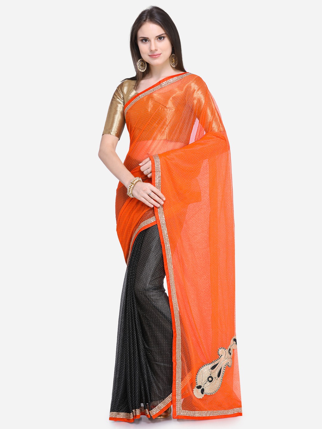 

Florence Orange & Black Net Embroidered Saree