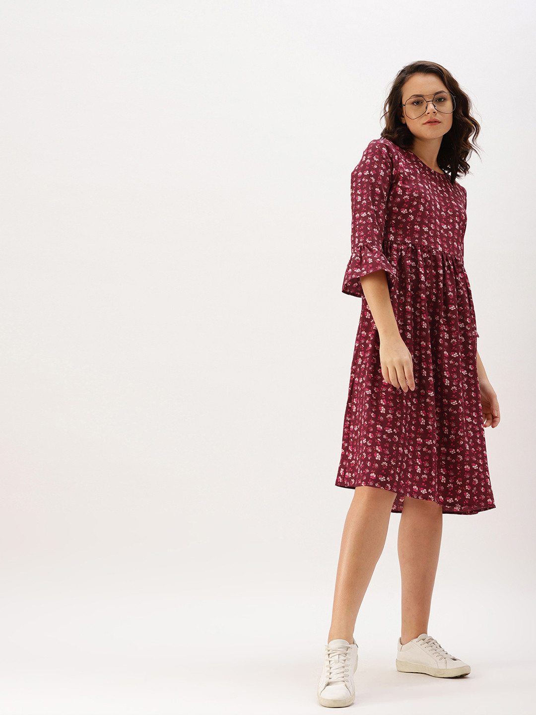 

DressBerry Maroon Floral Printed A-Line Floral Dress