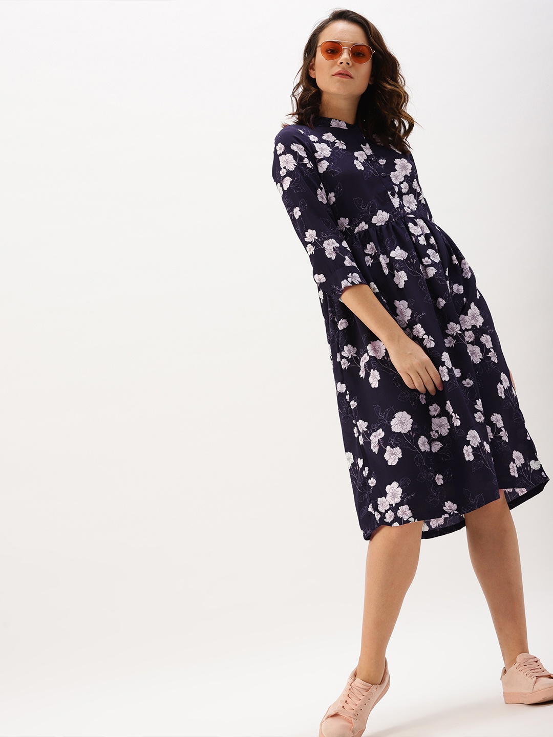 

DressBerry Women Navy Printed A-Line Dress, Navy blue
