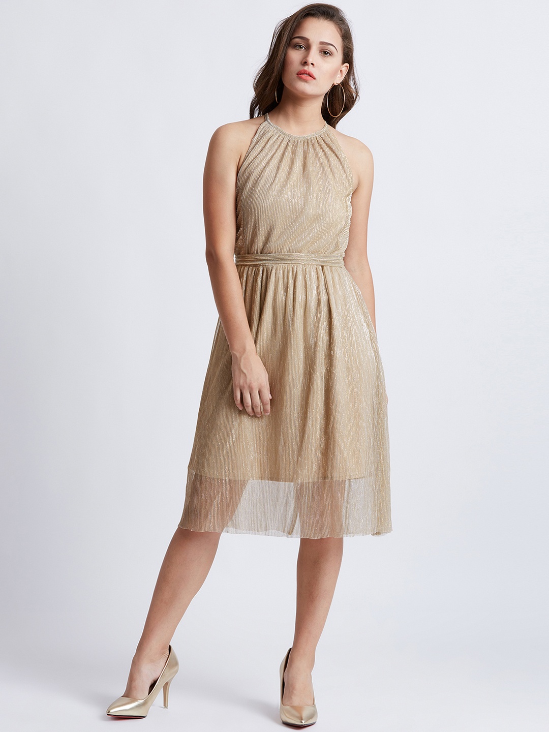 

MAGRE Women Gold-Coloured Self Design Fit and Flare Dress