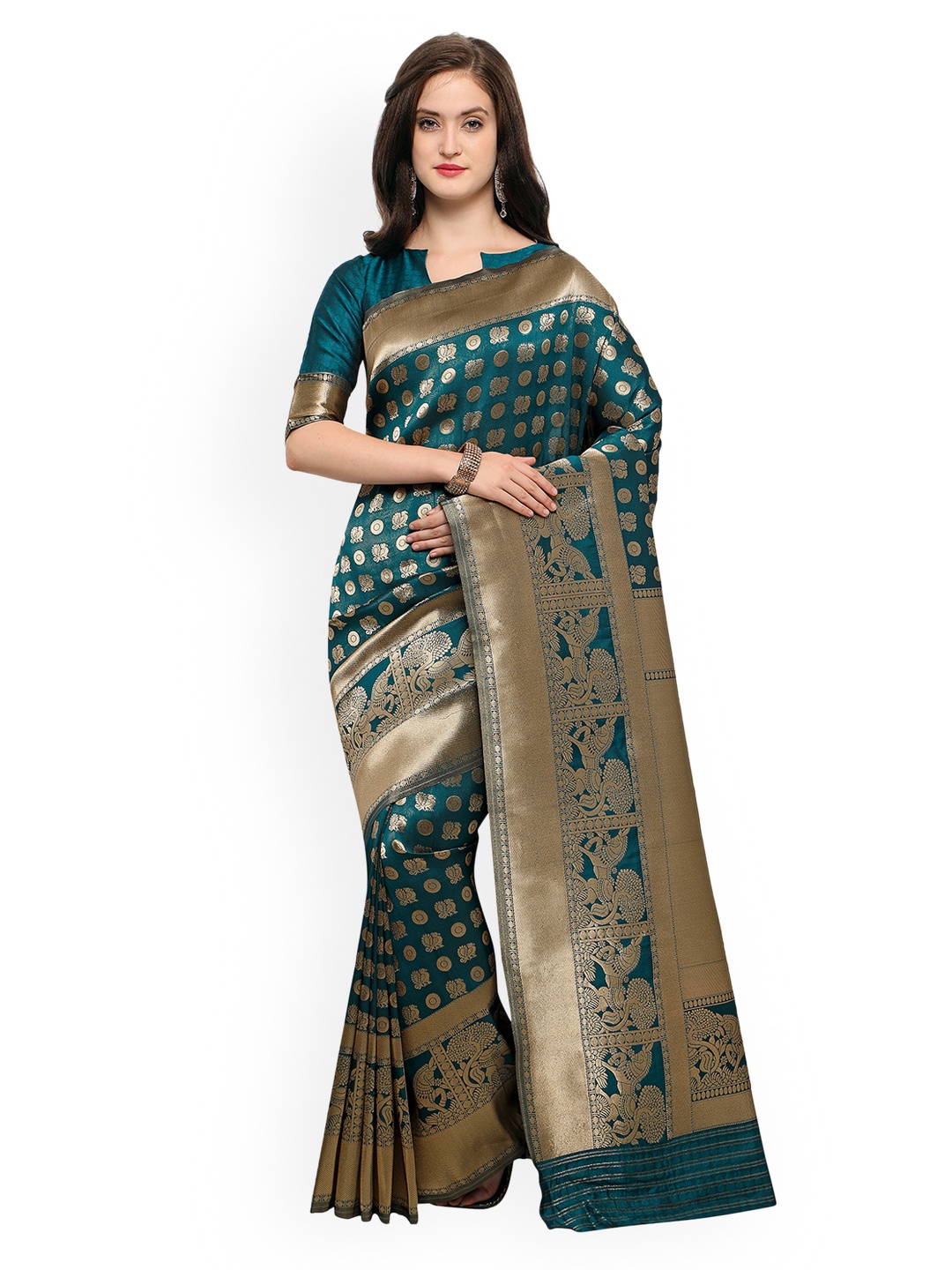 

Shaily Teal Green & Golden-Coloured Pure Silk Woven Design Banarasi Saree