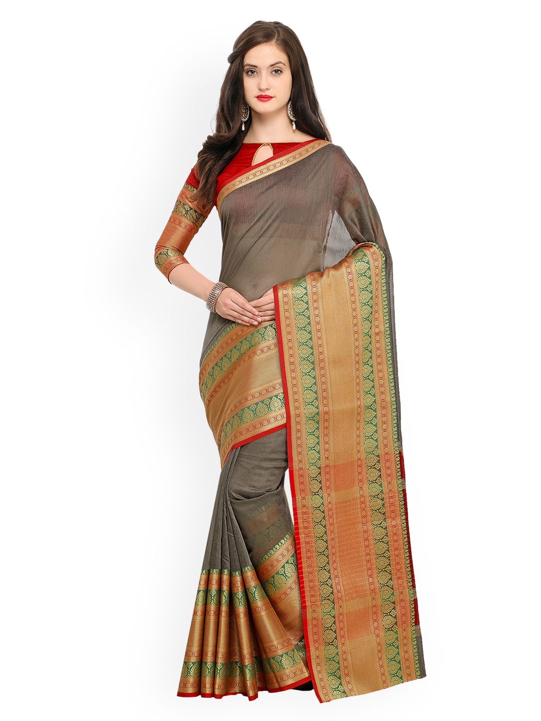 

Shaily Grey & Green Pure Silk Solid Banarasi Saree