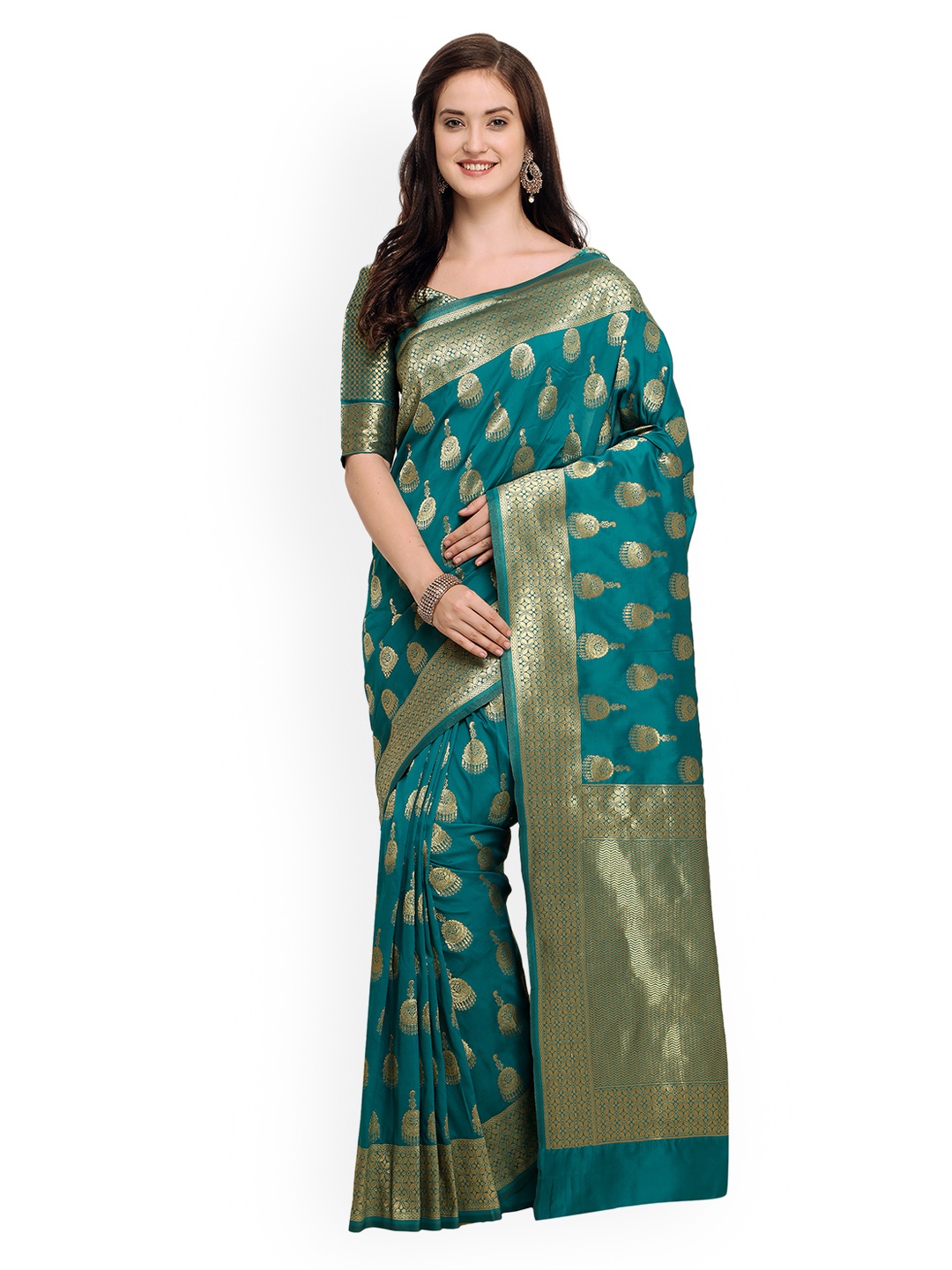 

Shaily Teal Green & Golden-Coloured Pure Silk Woven Design Banarasi Saree