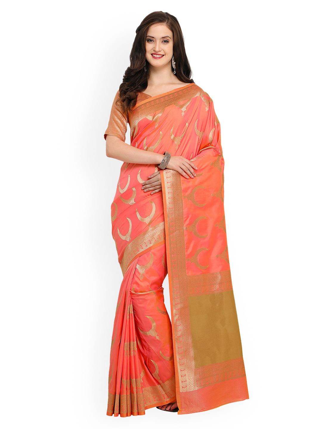 

Shaily Peach-Coloured & Gold-Coloured Woven Design Banarasi Saree
