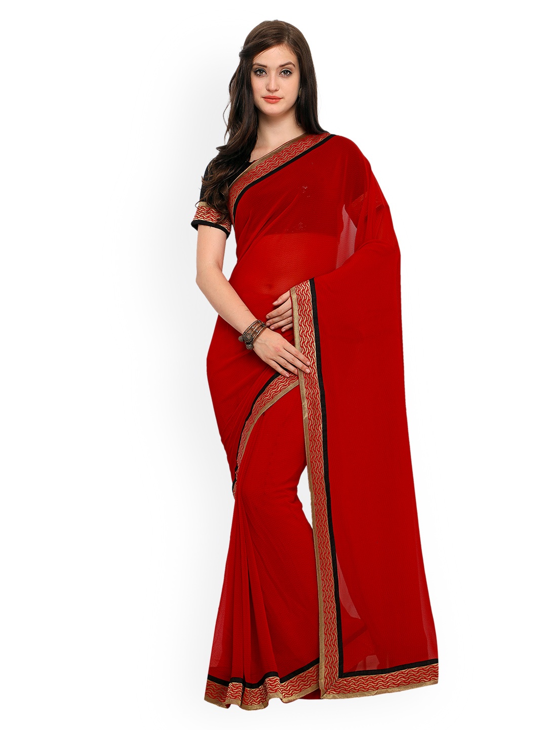 

Shaily Red Embroidered Pure Georgette Saree