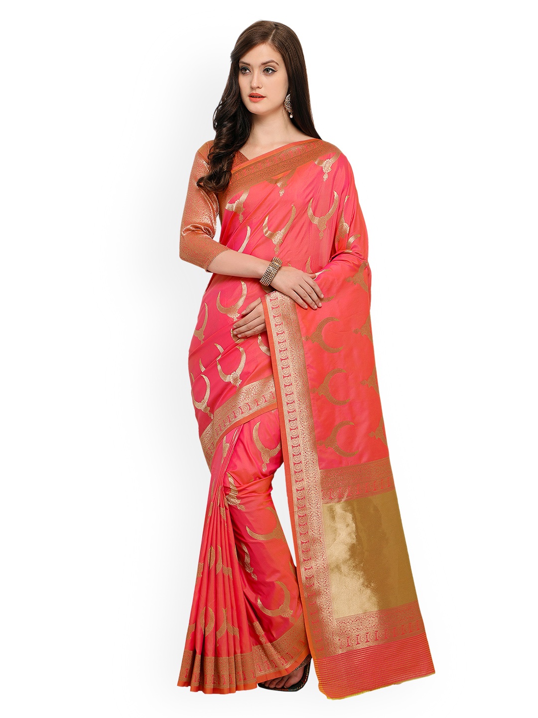 

Shaily Pink & Golden-Coloured Pure Silk Woven Design Banarasi Saree