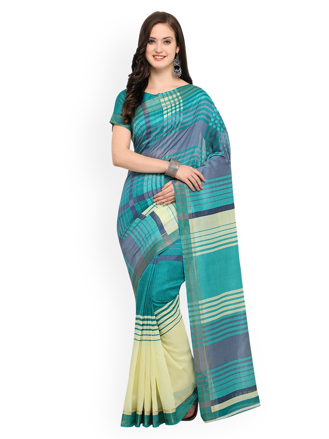 

Shaily Sea Green & Cream-Coloured Silk Cotton Checked Saree