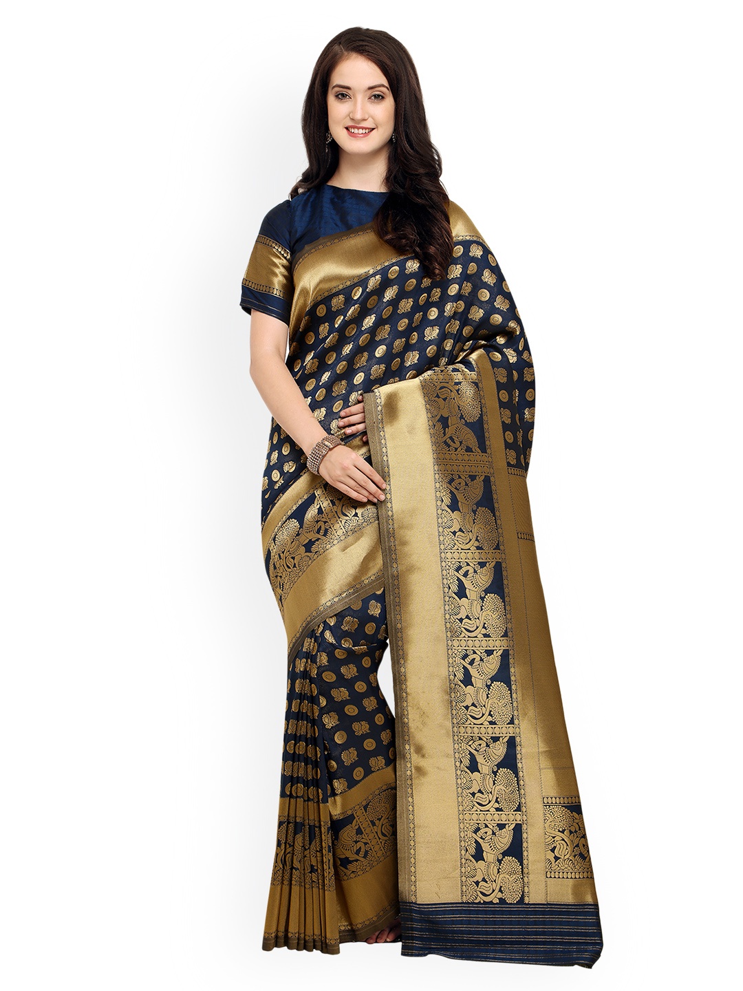 

Shaily Navy Blue & Golden-Coloured Pure Silk Woven Design Banarasi Saree