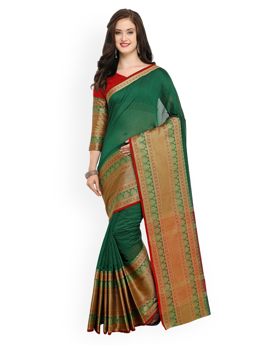 

Shaily Green & Golden-Coloured Pure Silk Solid Banarasi Saree