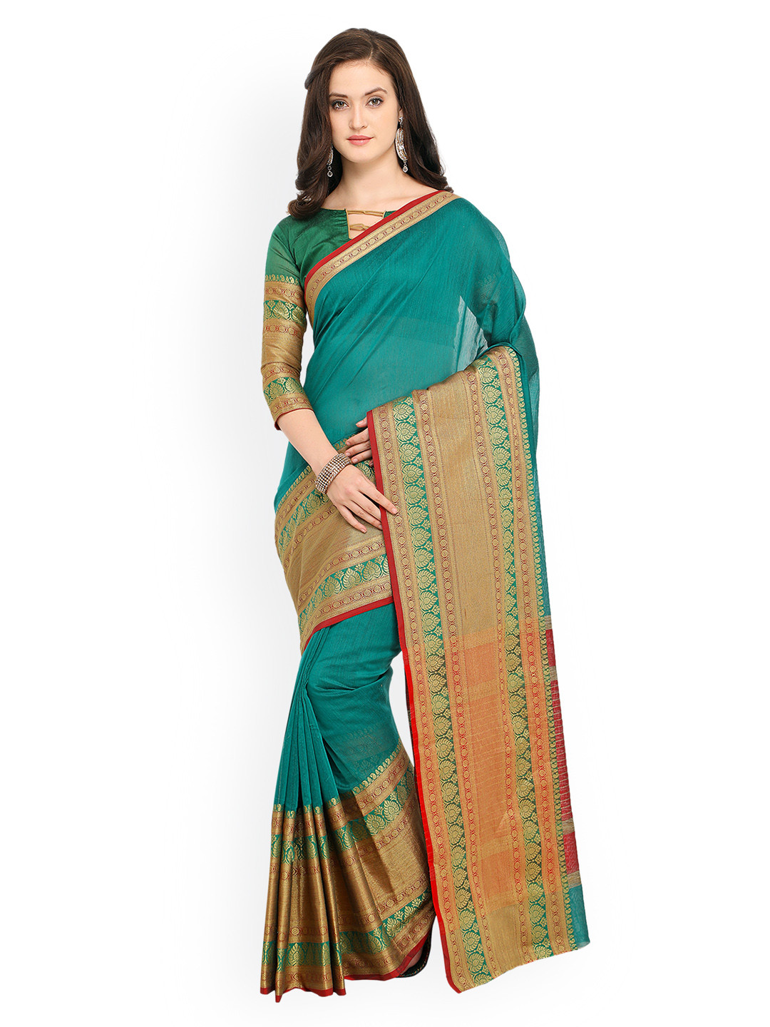 

Shaily Teal Blue & Golden-Coloured Pure Silk Solid Banarasi Saree