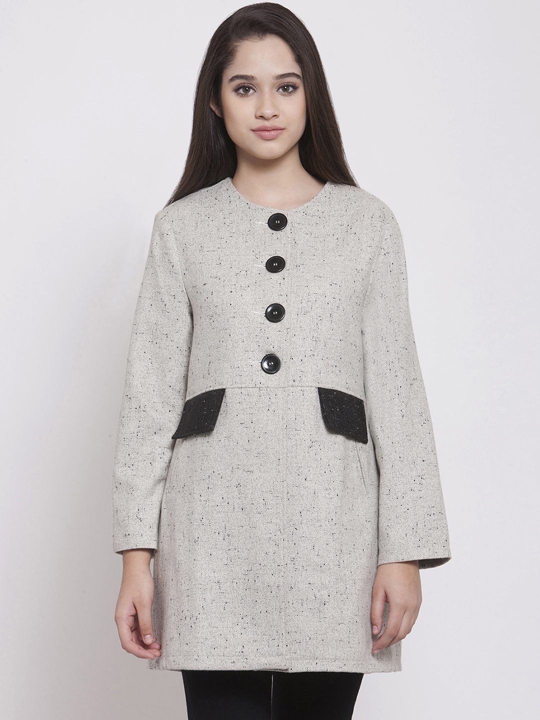 

Martini Women Off-White & Black Self-Design Regular Fit Overcoat