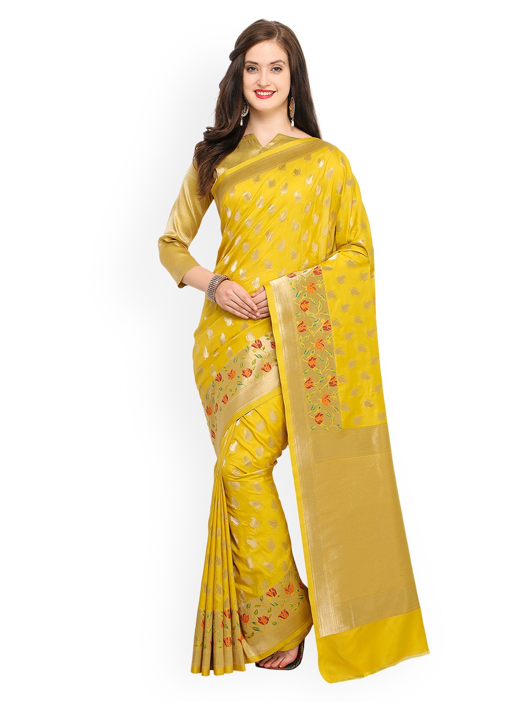 

Shaily Yellow Pure Silk Floral Banarasi Saree