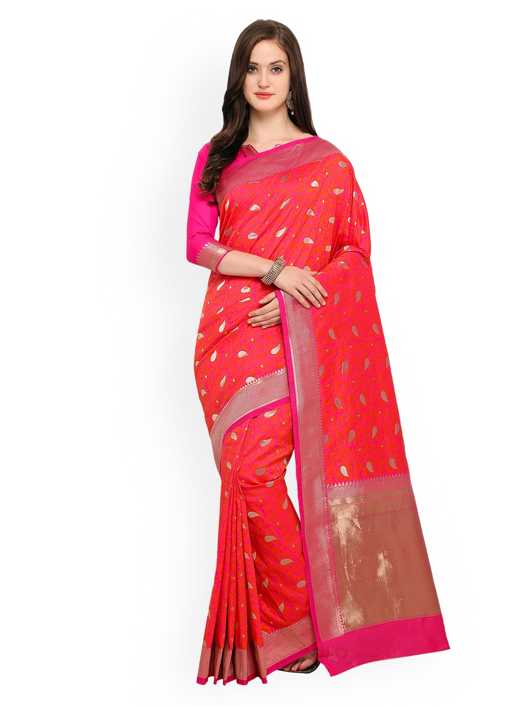 

Shaily Fuchsia & Golden-Coloured Pure Silk Woven Design Banarasi Saree