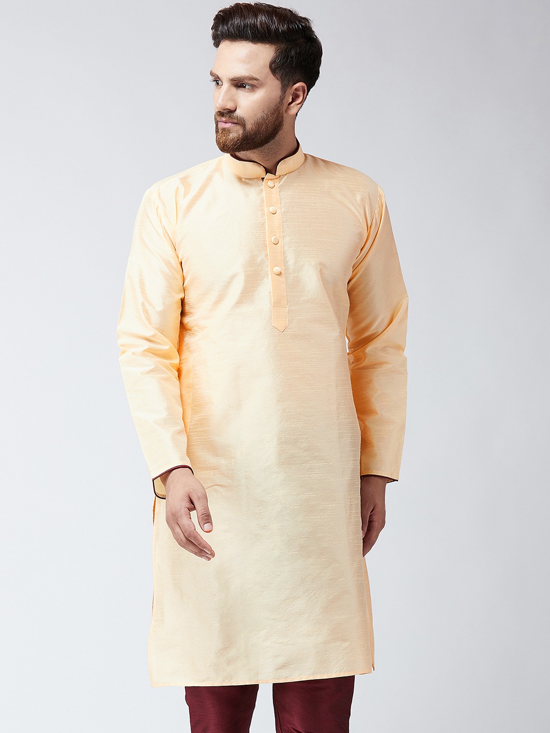 

SOJANYA Men Peach-Coloured Solid Straight Kurta