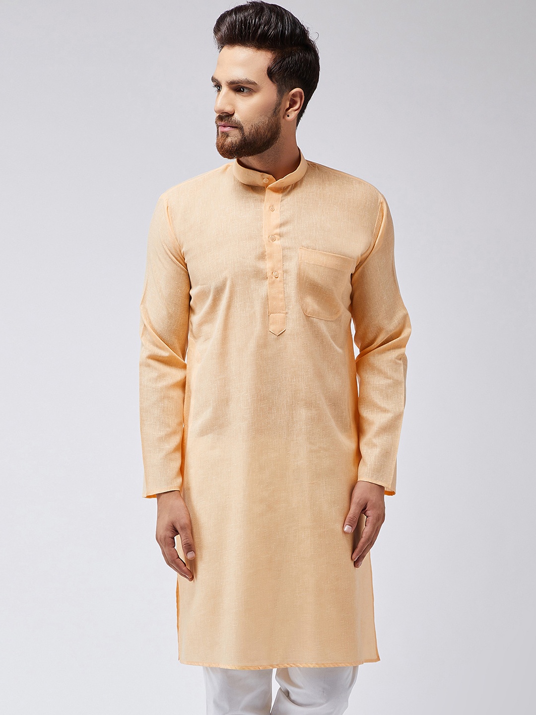 

SOJANYA Men Peach-Coloured Solid Straight Kurta