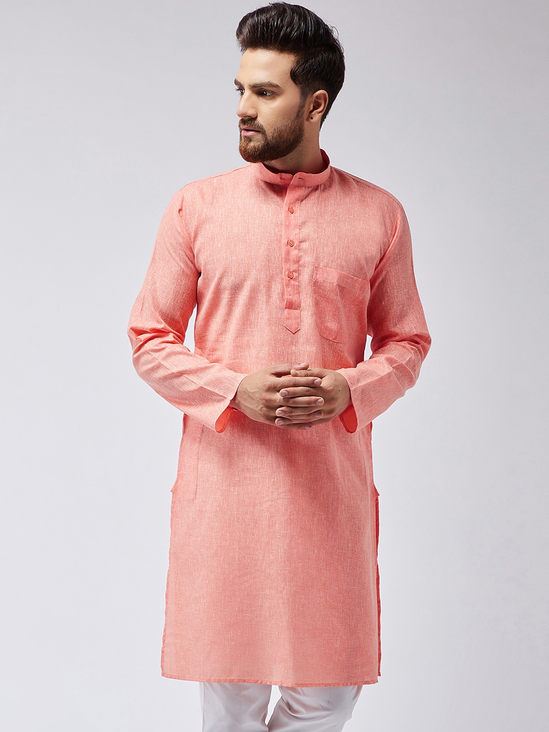 

SOJANYA Men Peach-Coloured Solid Straight Kurta