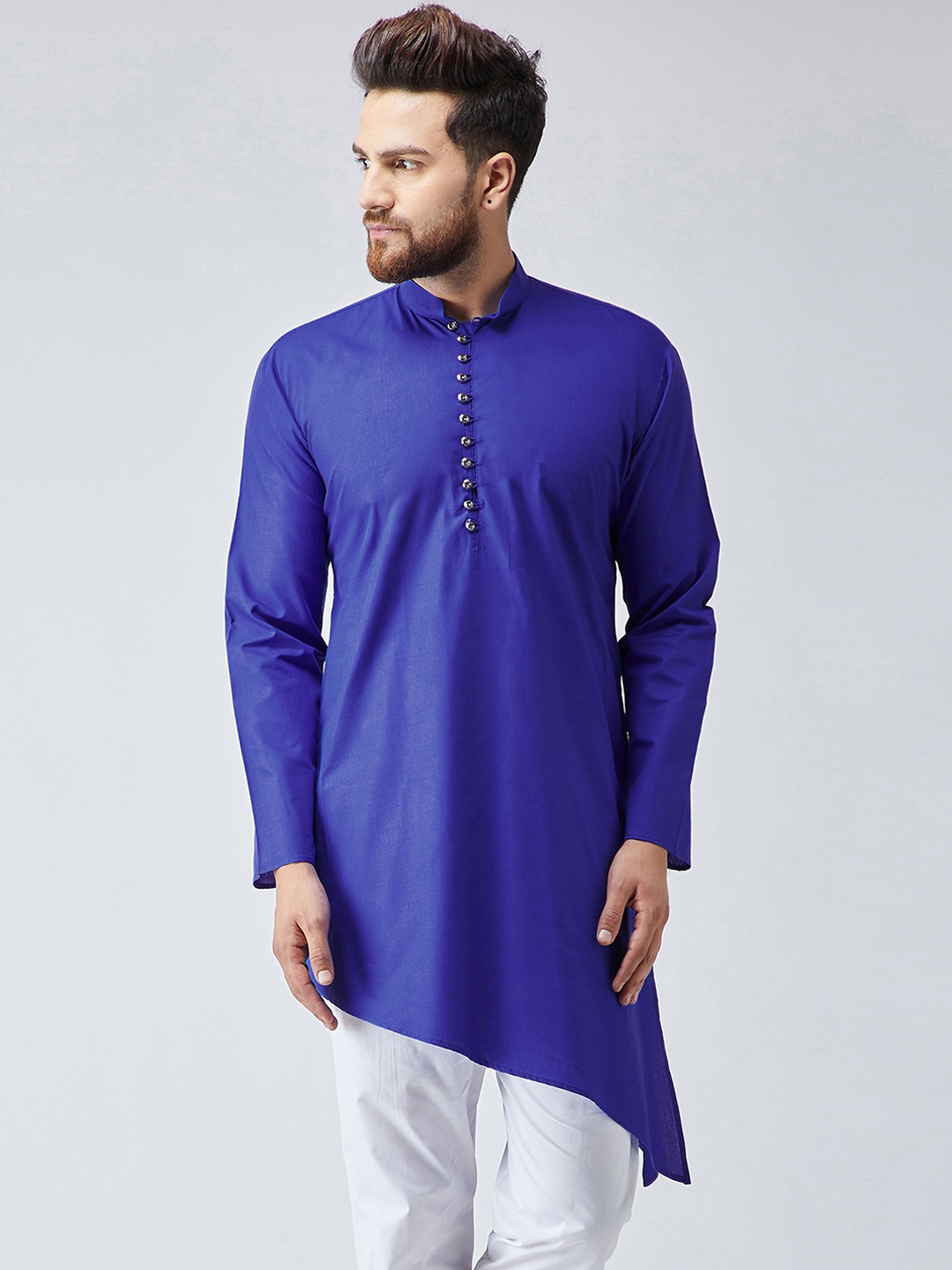 

SOJANYA Men Blue Solid Asymmetric Hemline Straight Kurta