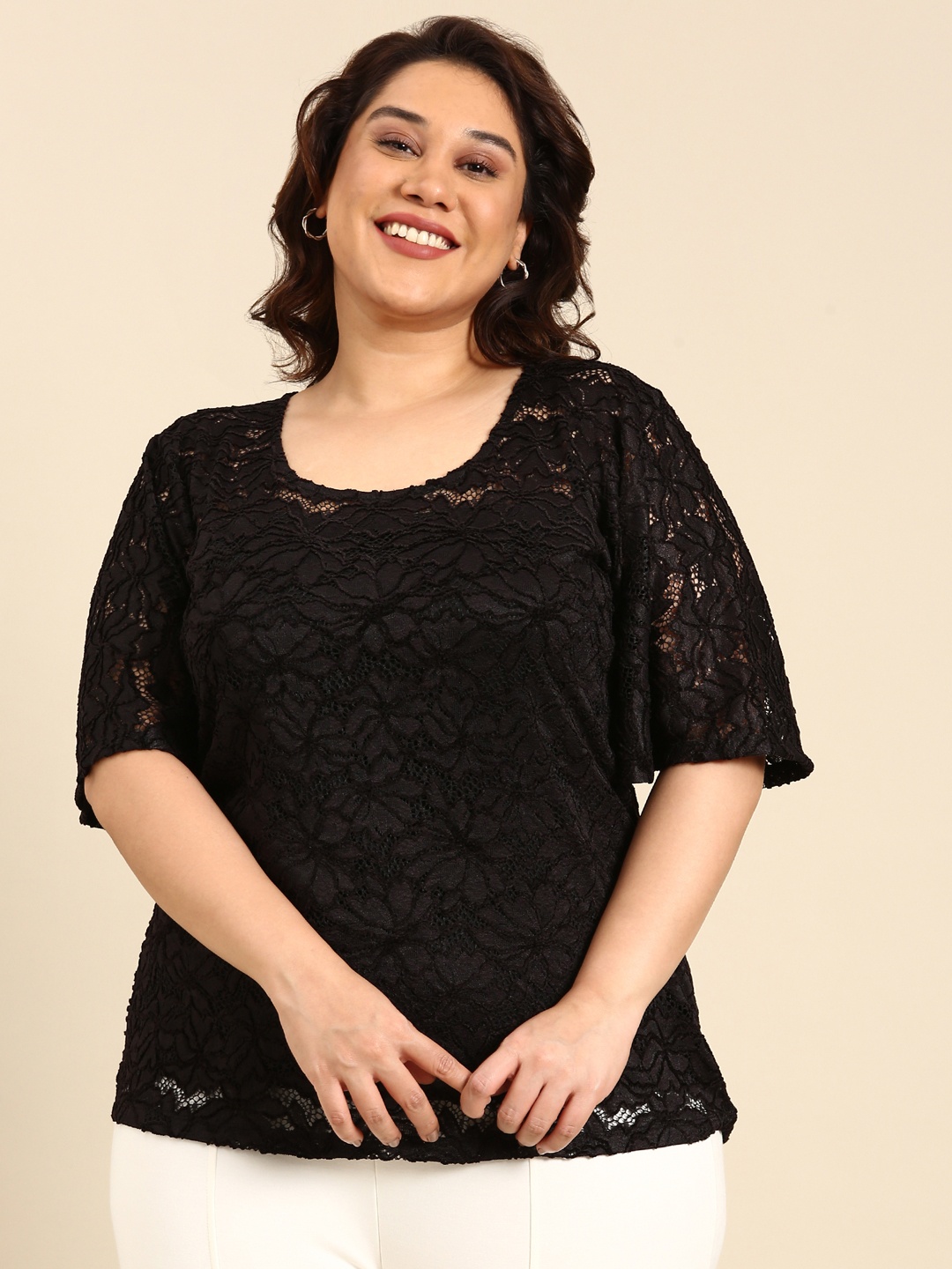 

The Pink Moon Plus Size Women Black Self Design Top