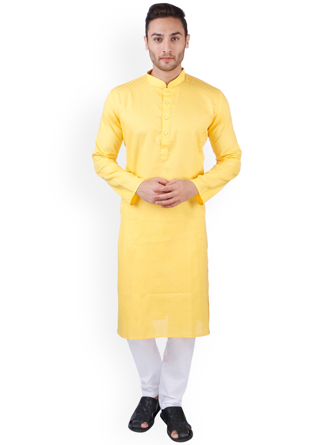 

RAJUBHAI HARGOVINDAS Men Yellow Woven Design Straight Kurta