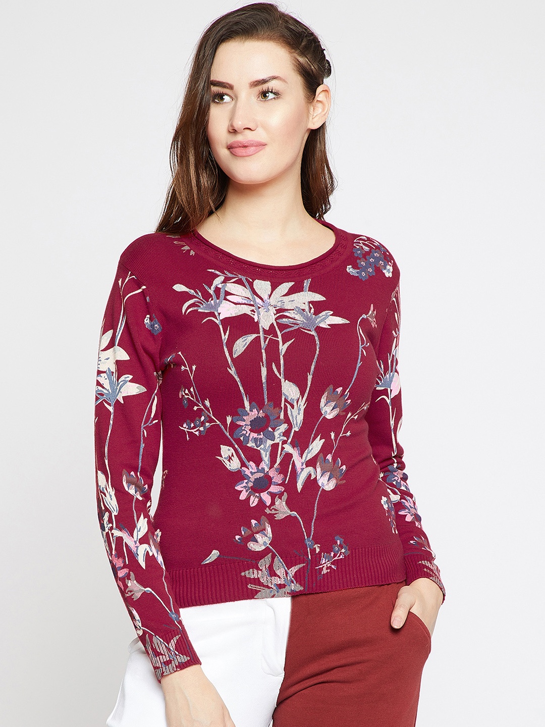 

RARE Women Maroon & Off-White Self Design Pullover
