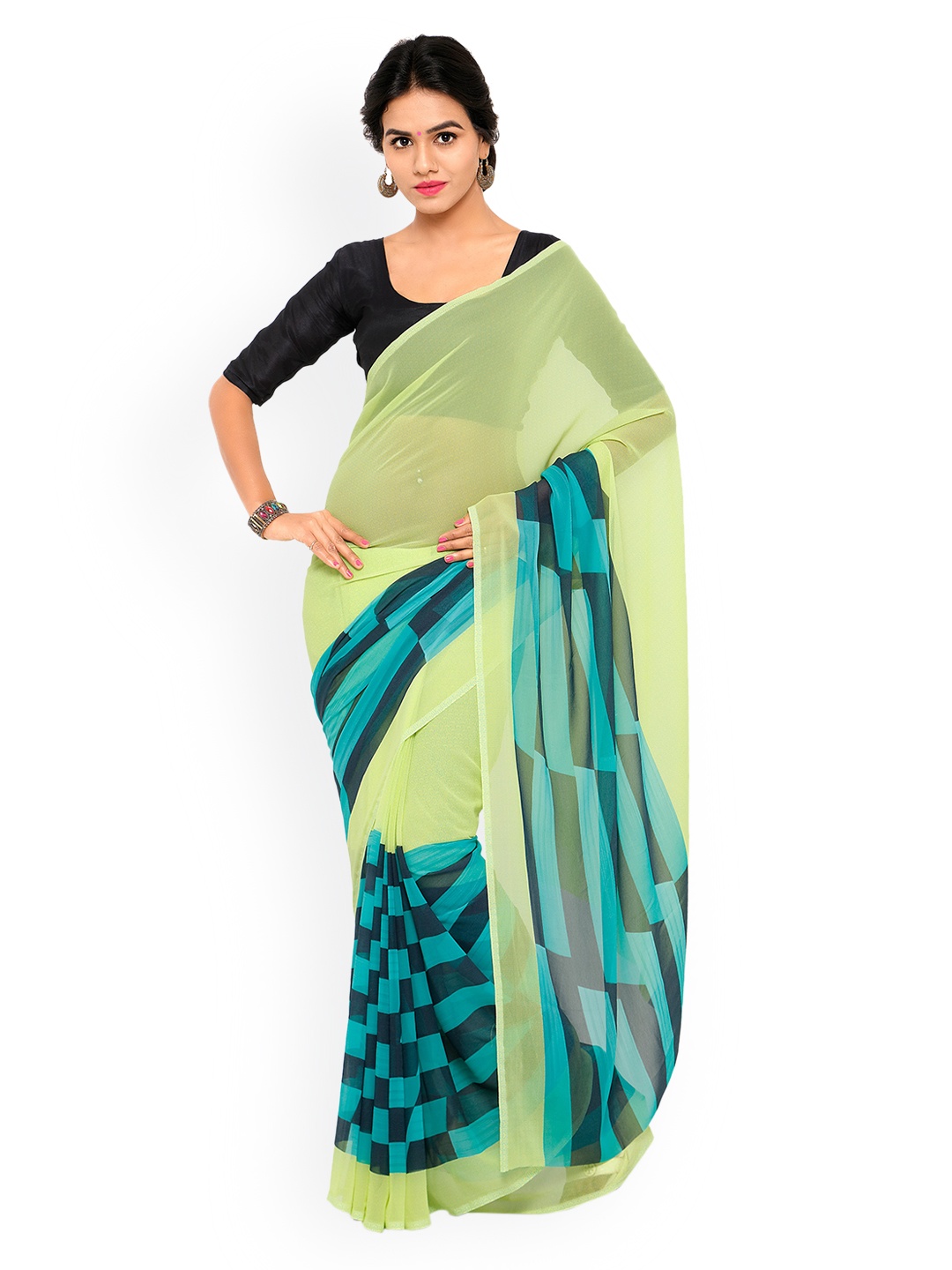 

Shaily Lime Green Solid Pure Georgette Saree