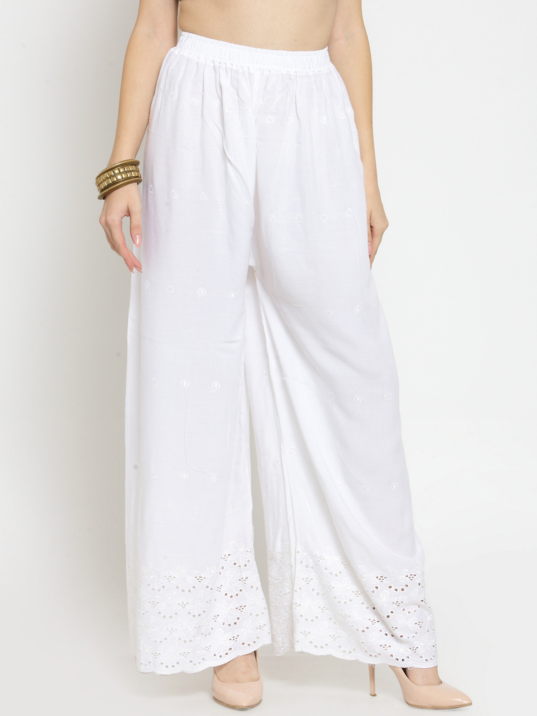

Castle Women White Wide Leg Hem Design Palazzos