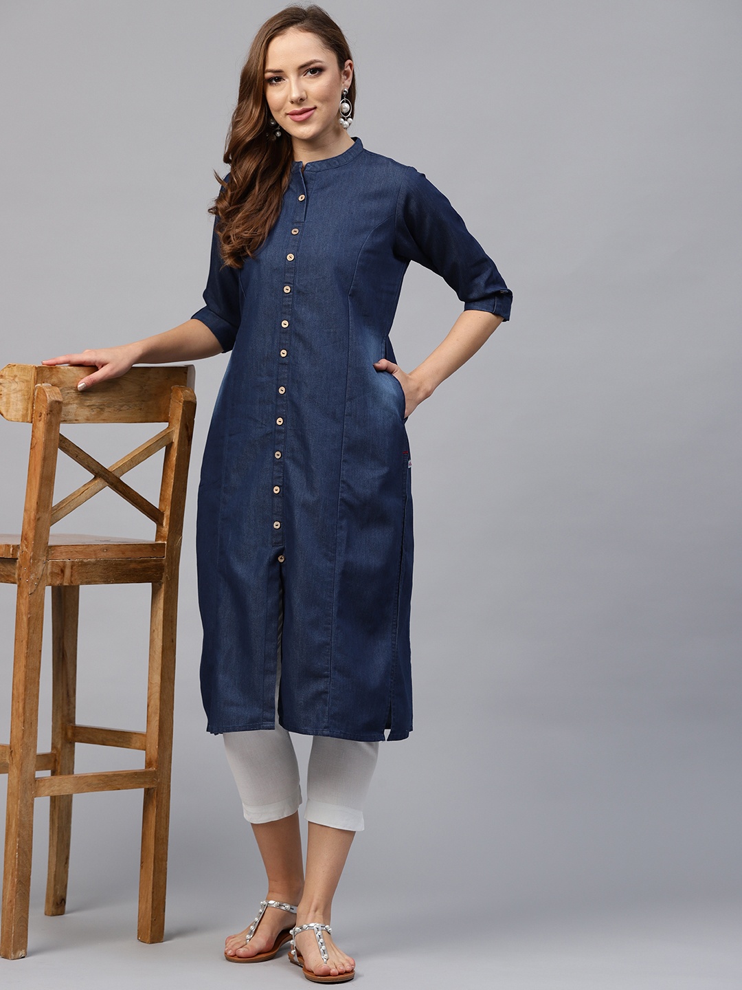 

Shree Women Navy Blue Solid Denim Straight Kurta