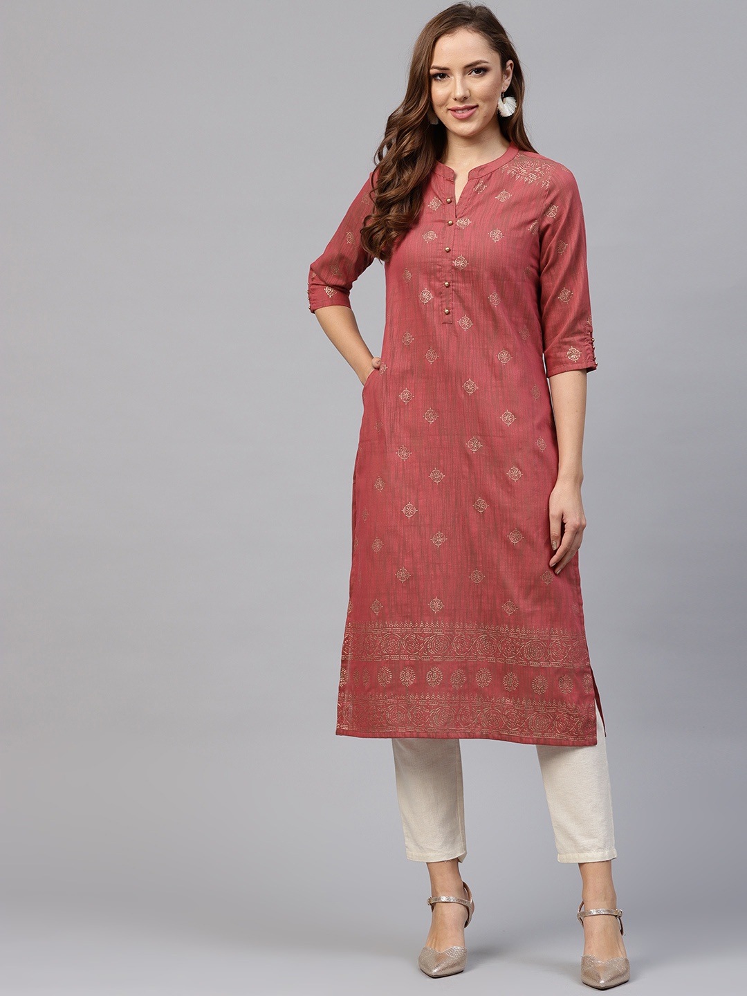 

Shree Women Red & Golden Printed Straight Kurta