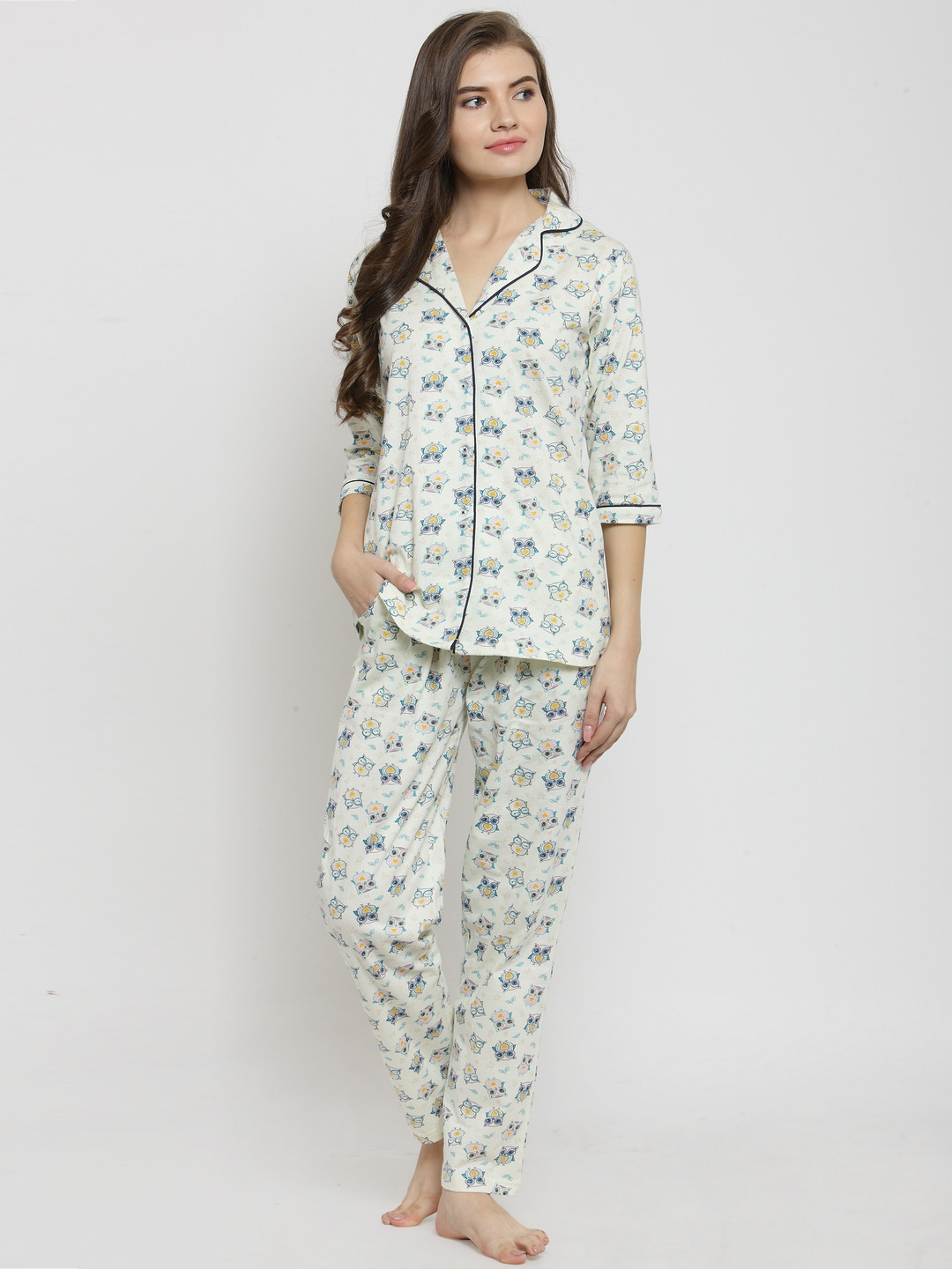 

Claura Women Yellow & White Printed Night suit cot-108-yellow-LT