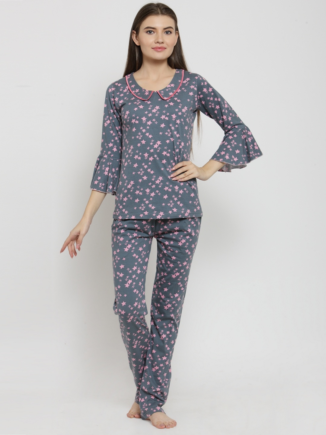 

Claura Women Grey & Pink Printed Night suit