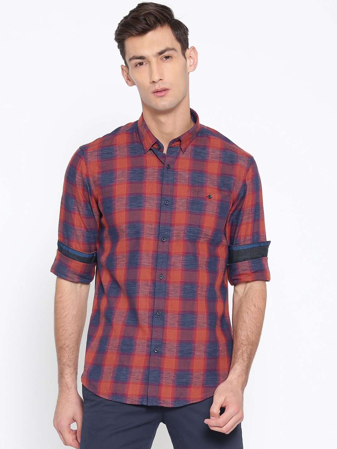 

Blackberrys Men Rust Orange & Navy Slim Fit Checked Casual Shirt
