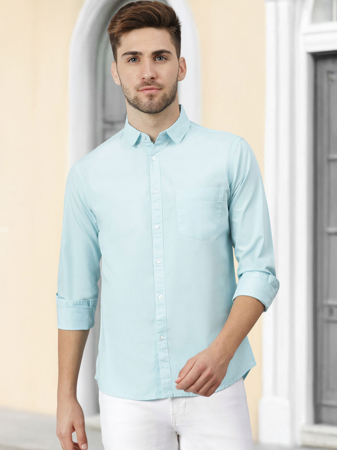Dennis Lingo Men Blue Slim Fit Solid Casual Shirt