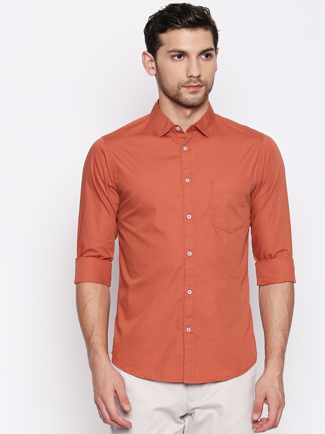 

Dennis Lingo Men Orange Slim Fit Solid Casual Shirt