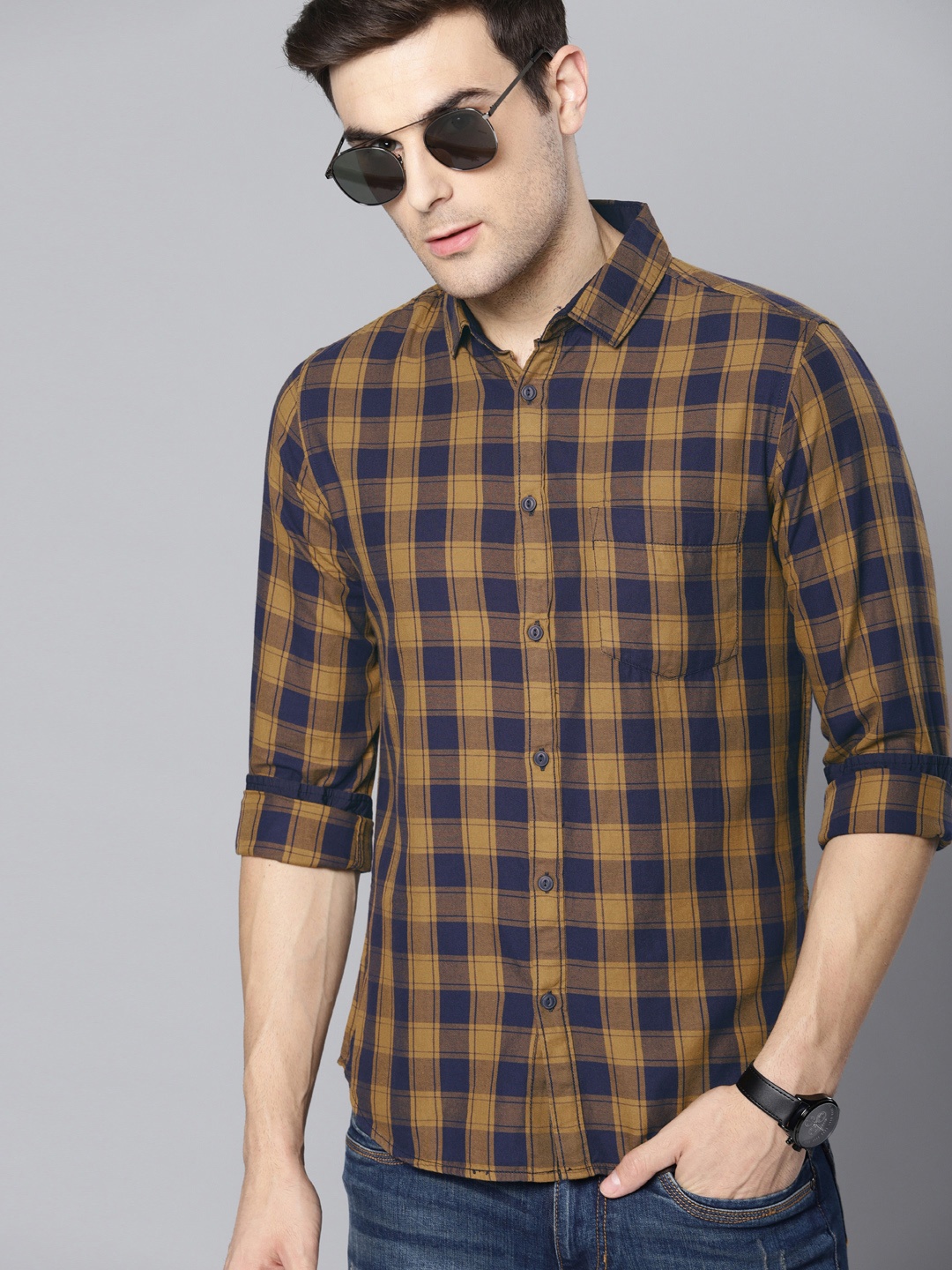 

Dennis Lingo Men Mustard Yellow & Navy Blue Slim Fit Checked Casual Shirt