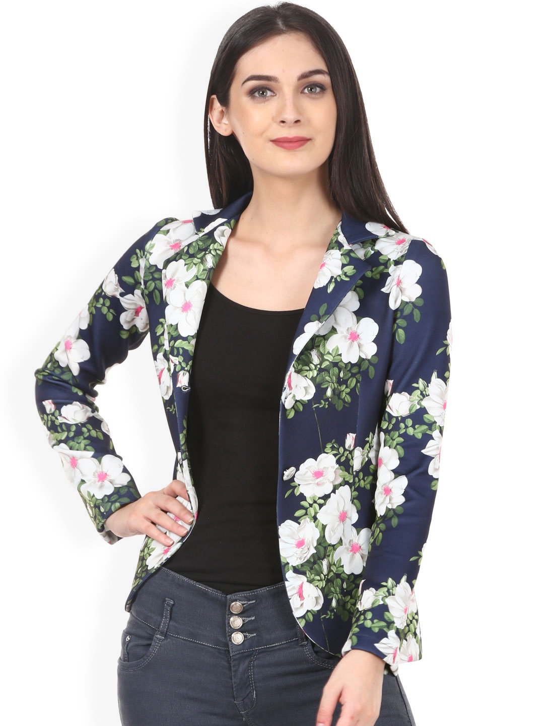 

Saadgi Women Navy Blue & White Scuba Floral Printed Blazers