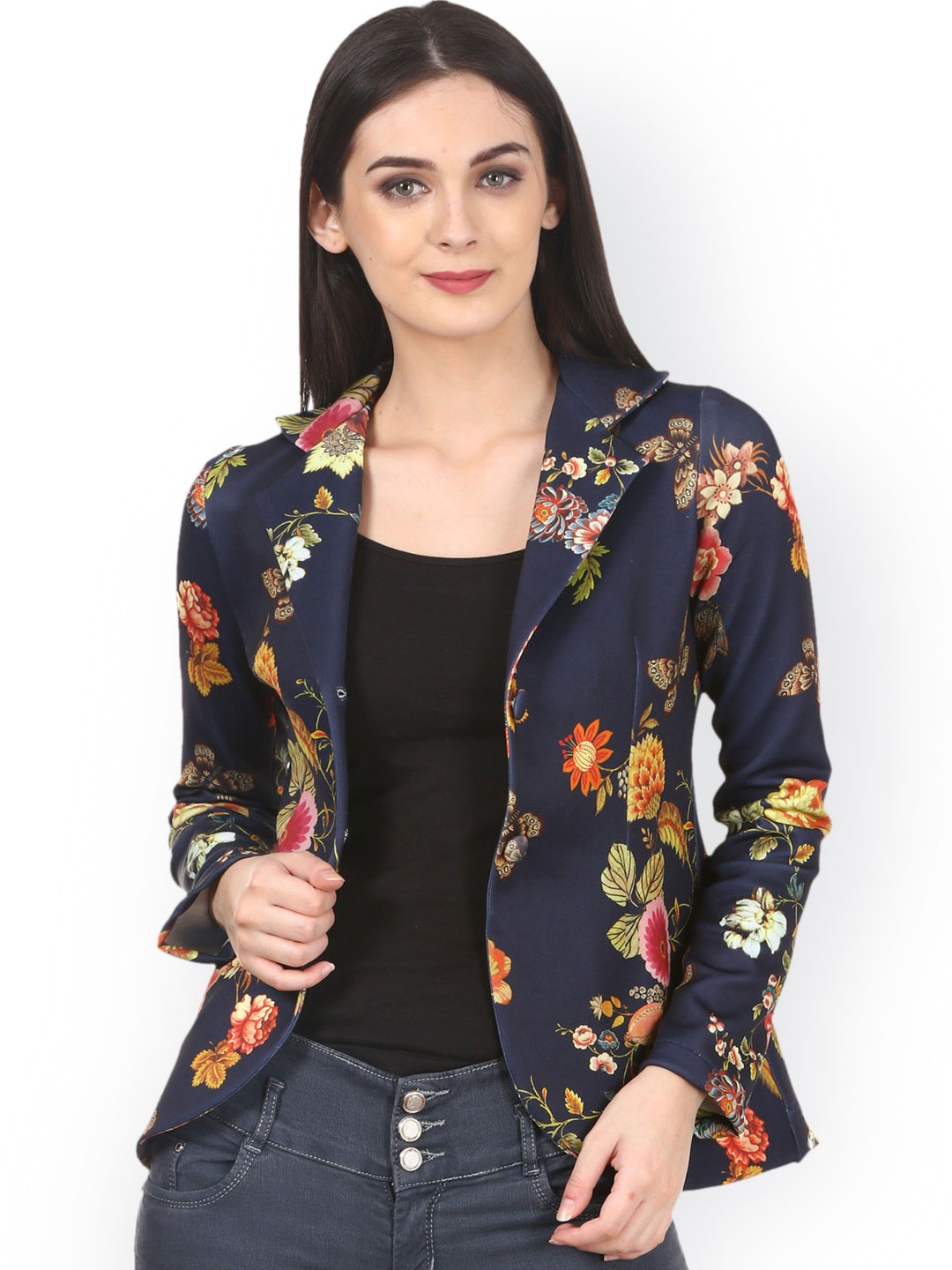 

Saadgi Women Navy Blue Scuba Floral Printed Blazers