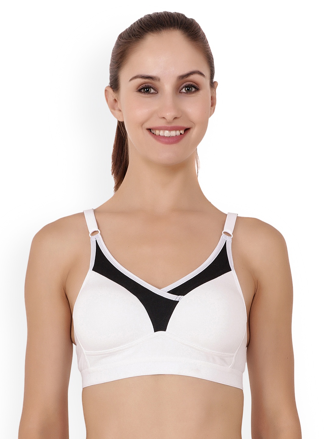 

Floret White & Black Solid Non-Wired Heavily Padded Sports Bra T3001_White