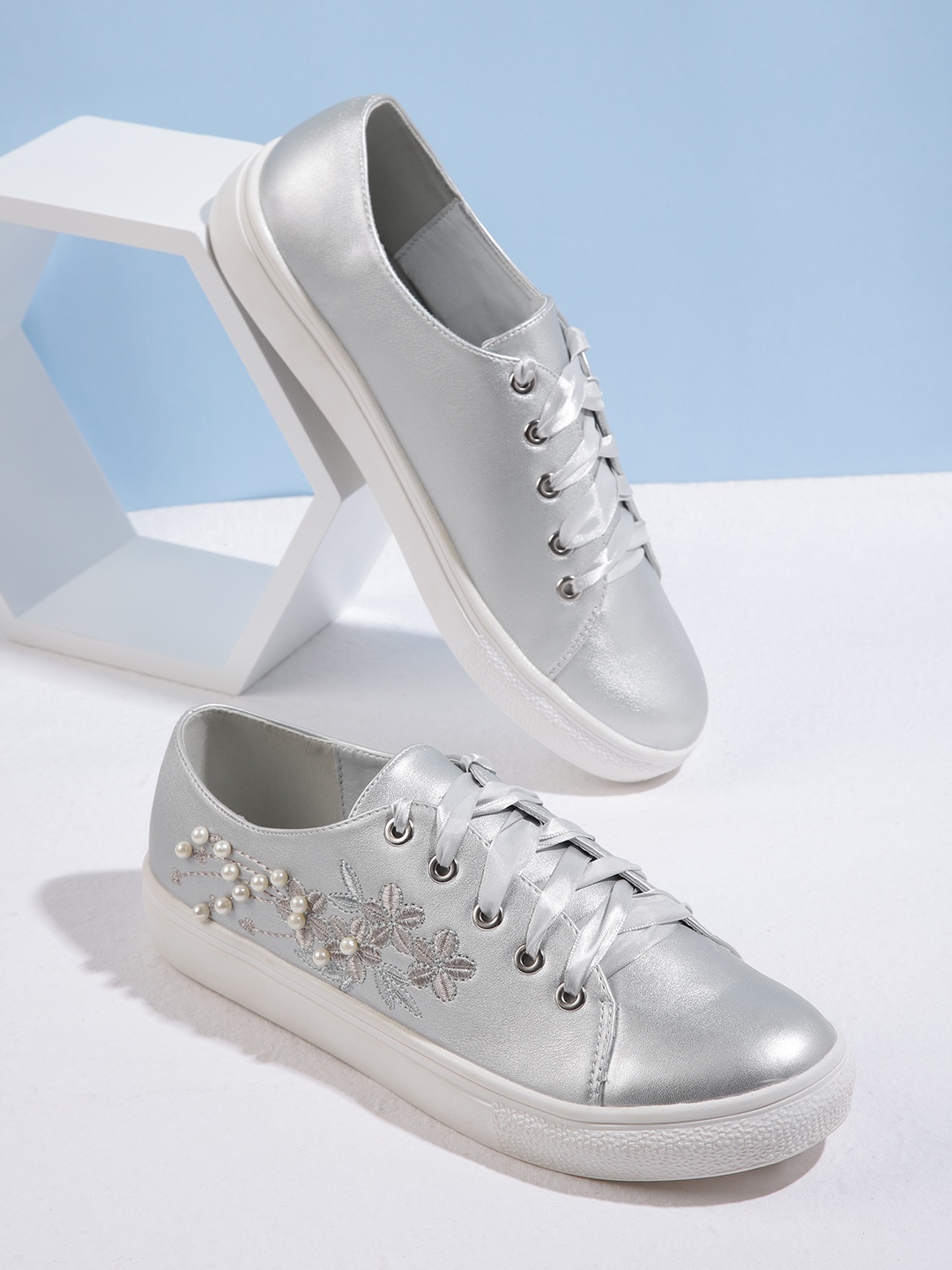 

CORSICA Women Silver-Toned Embroidered Sneakers