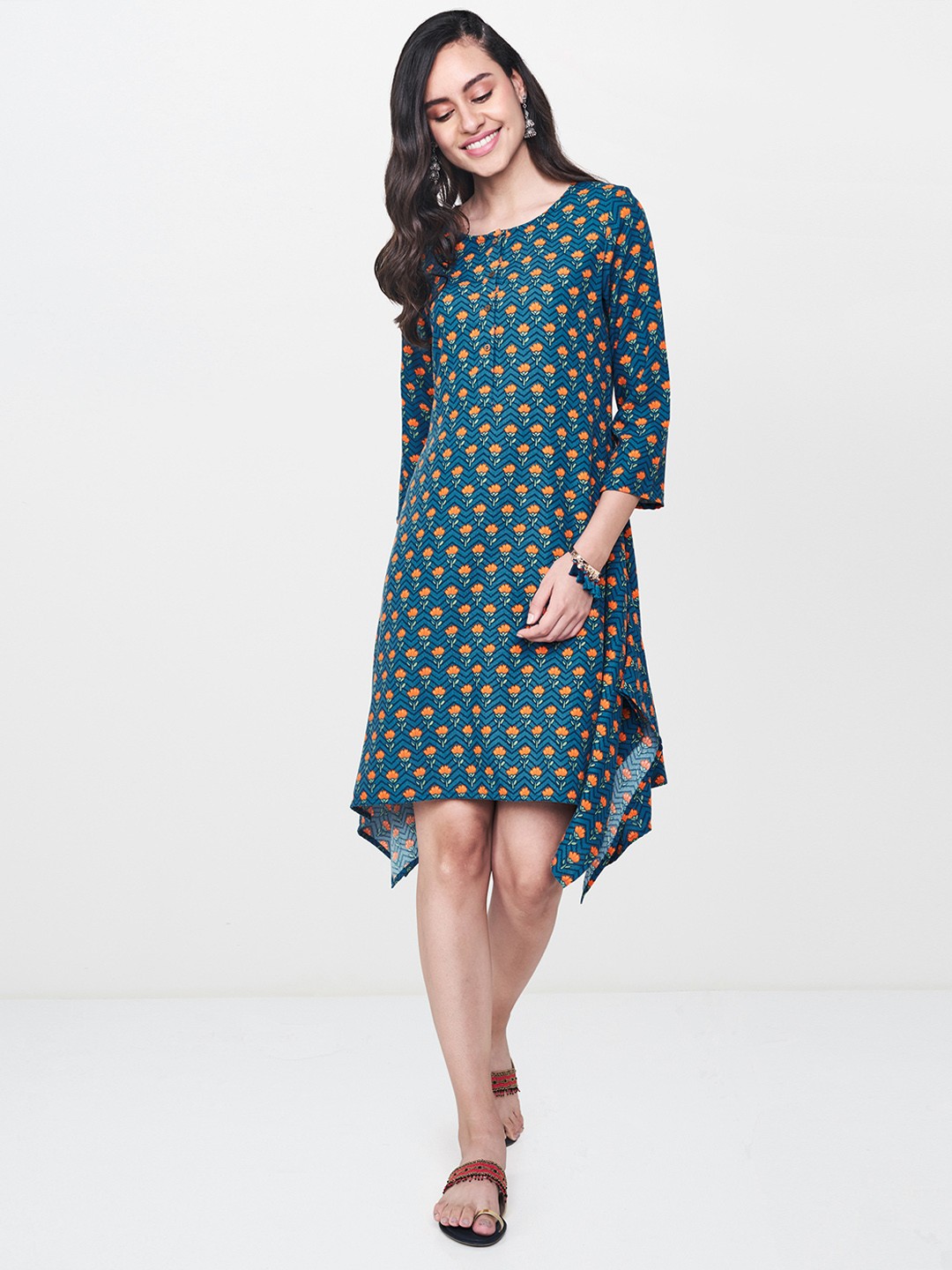 

Global Desi Women Blue Printed A-Line Dress