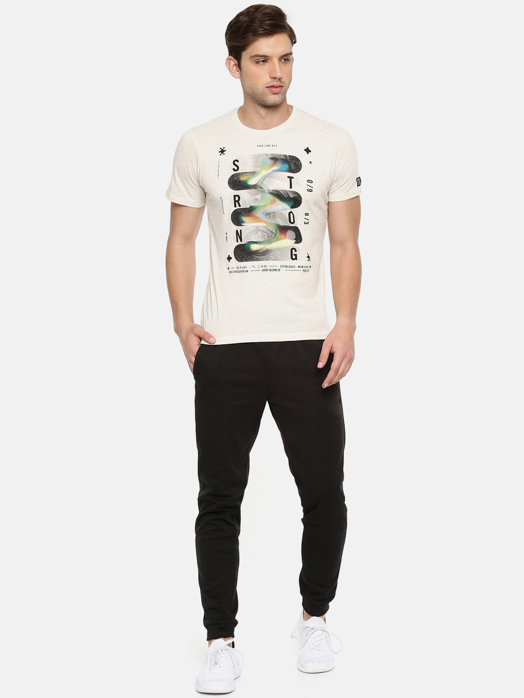 

Proline Active Men Cream-Coloured Printed Round Neck T-shirt