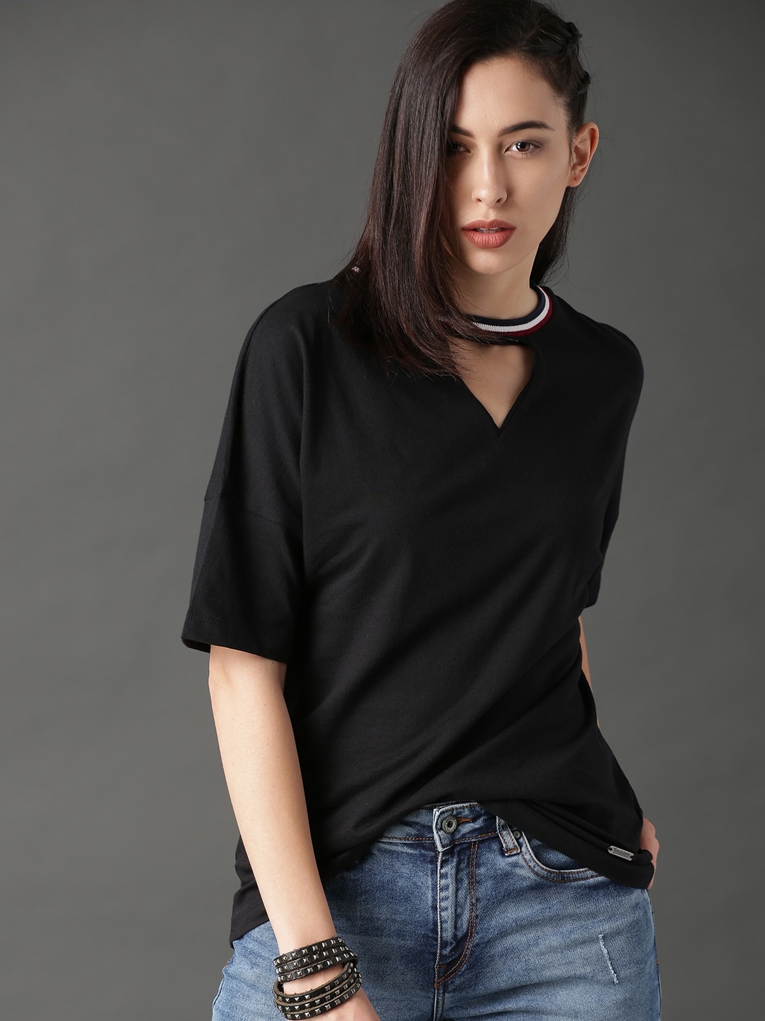 

Roadster Women Black Solid Keyhole Neck Pure Cotton T-shirt