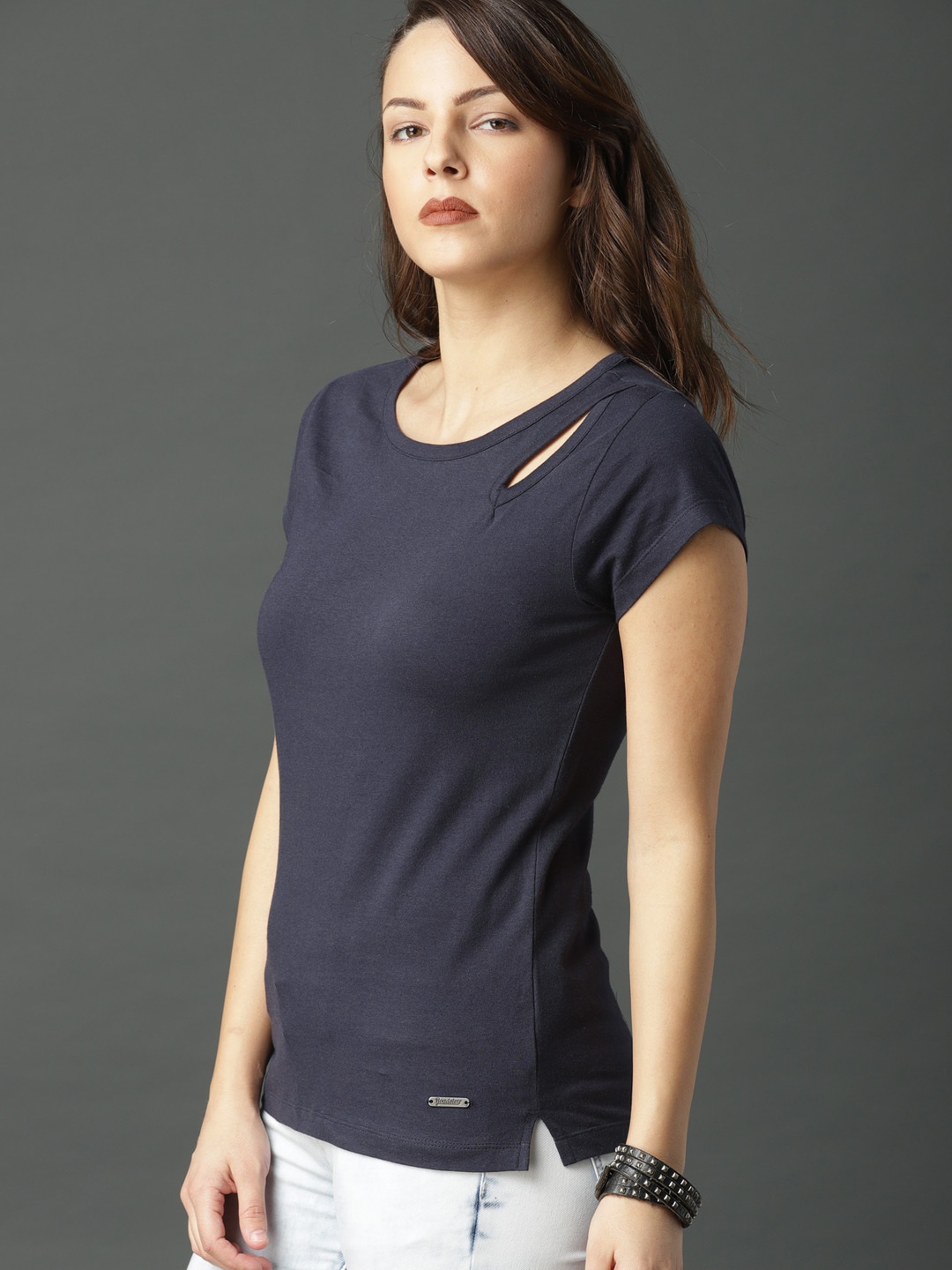 

Roadster Women Navy Blue Solid Pure Cotton Top