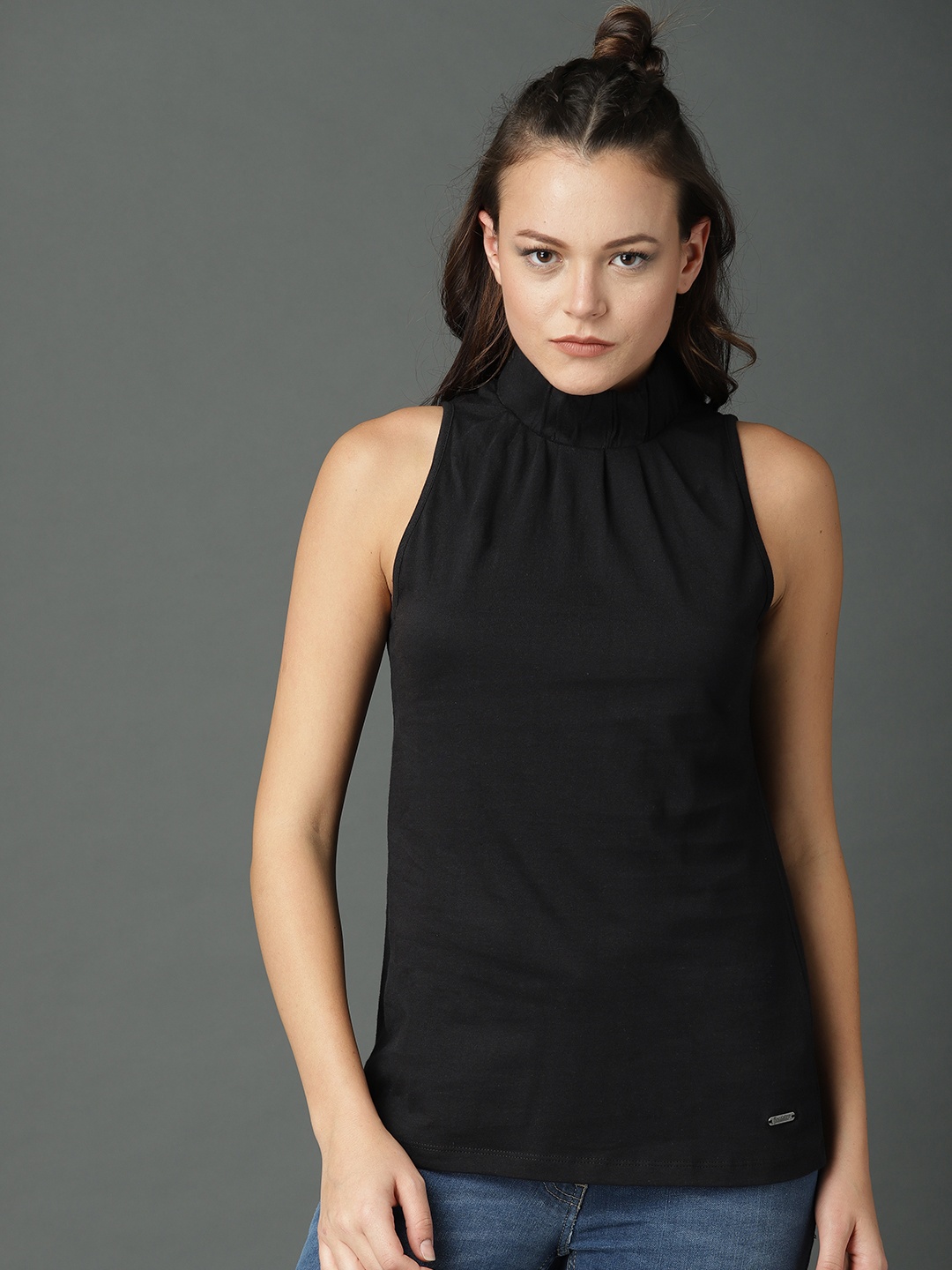 

Roadster Black Pure Cotton Top With High Neck