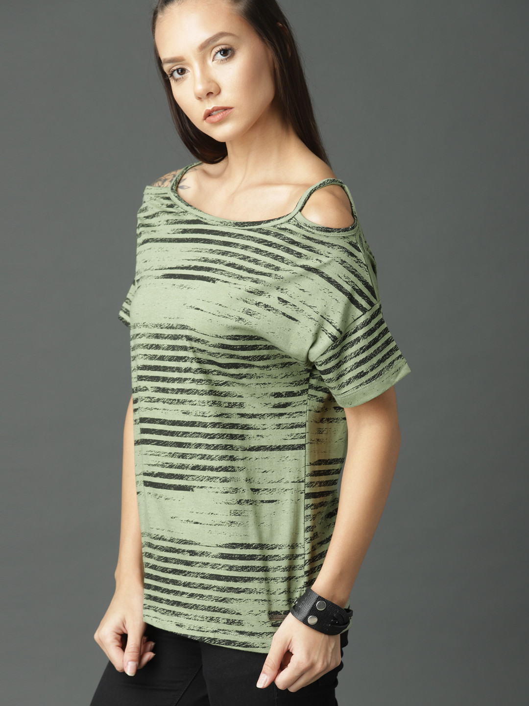 

Roadster Women Olive Green & Black Striped Cold-Shoulder Top
