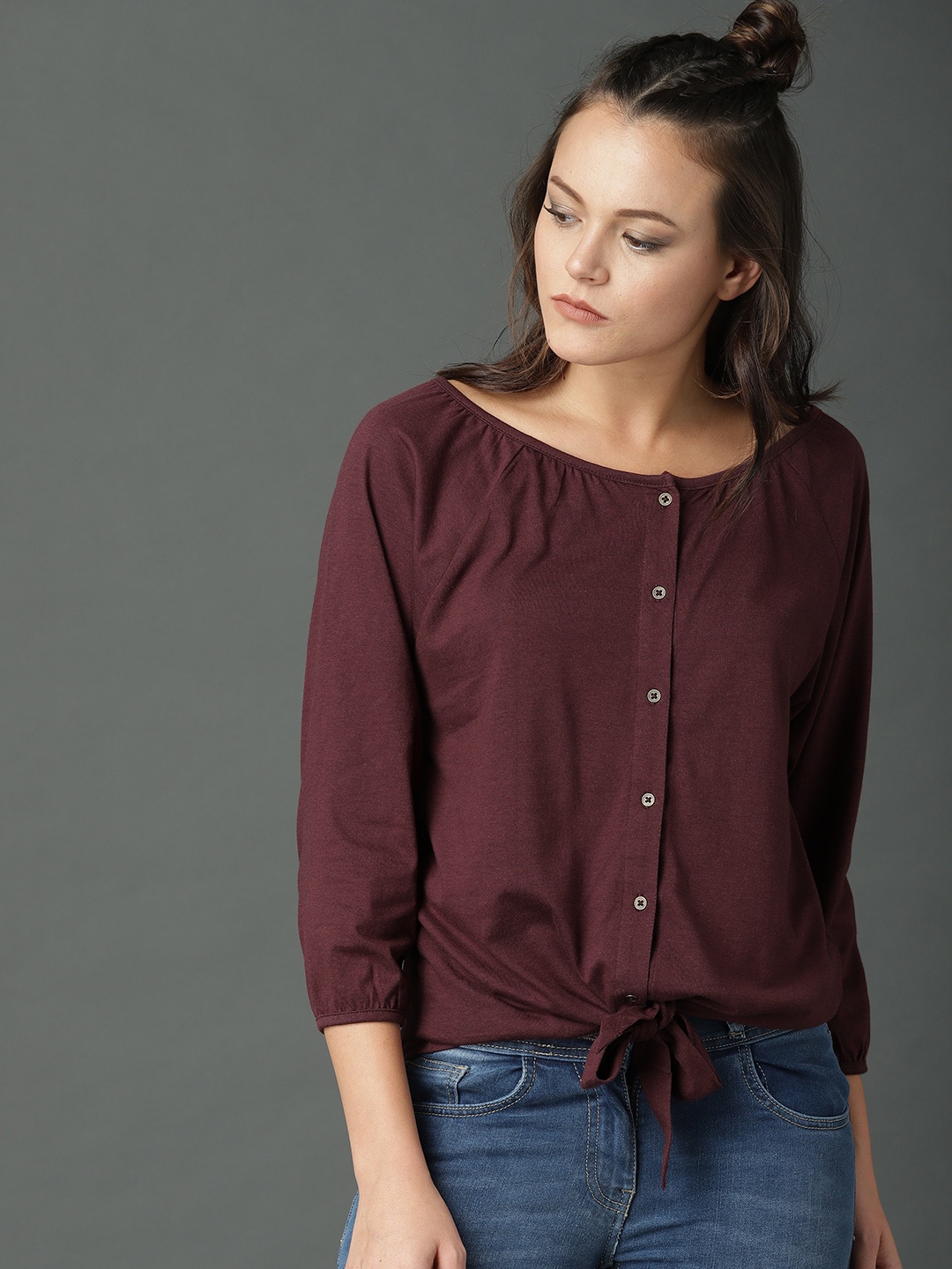 

The Roadster Lifestyle Co. Women Burgundy Solid Pure Cotton Regular Top