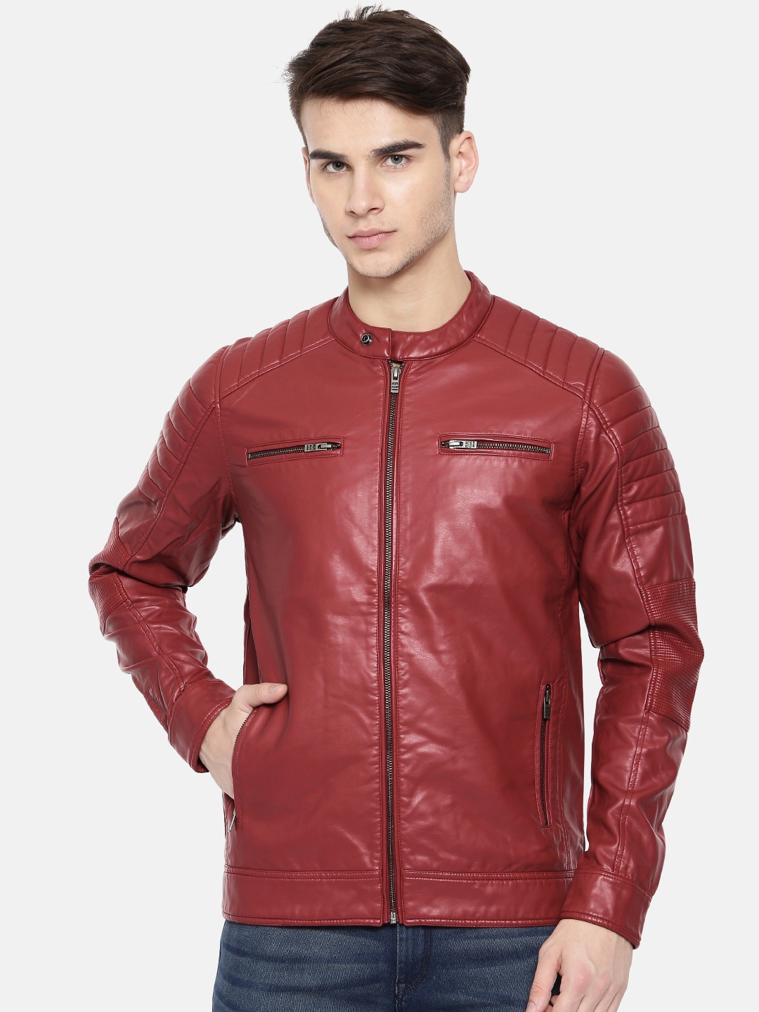 

Pepe Jeans Men Red Solid Biker Jacket