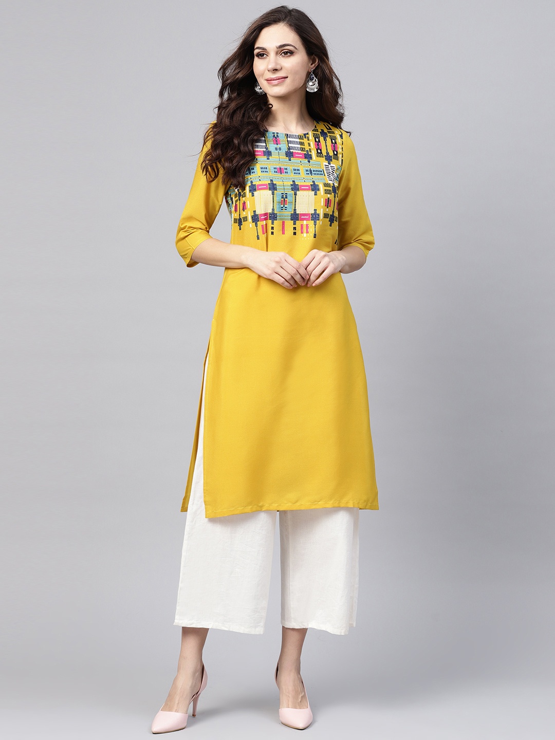 

W Women Mustard Yellow Yoke Design Straight Kurta